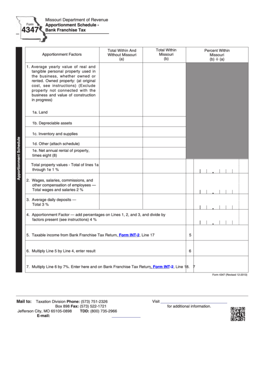 Fillable Form 4347 - Apportionment Schedule - Bank Franchise Tax Printable pdf