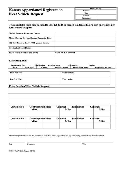 Form Mcsb - Kansas Apportioned Registration - Fleet Vehicle Request Form Printable pdf