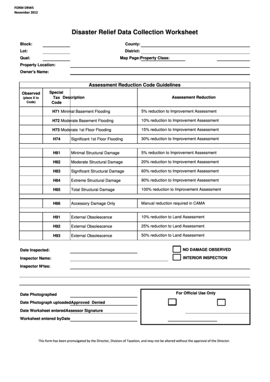 Form Drws - Disaster Relief Data Collection Worksheet Printable pdf