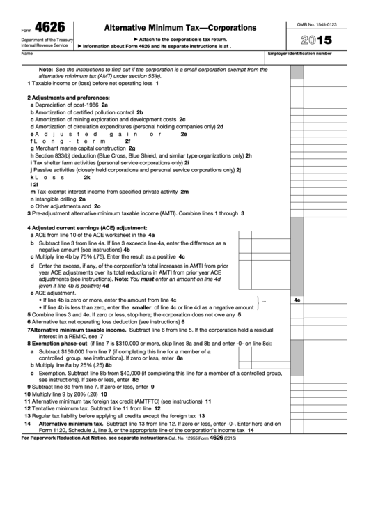 Fillable Form 4626 Alternative Minimum TaxCorporations 2015