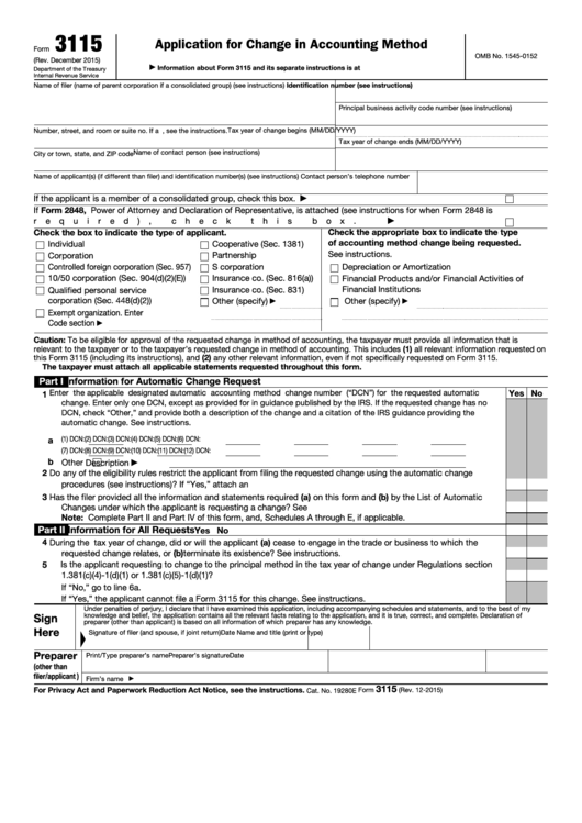 Fillable Form 3115 - Application For Change In Accounting Method