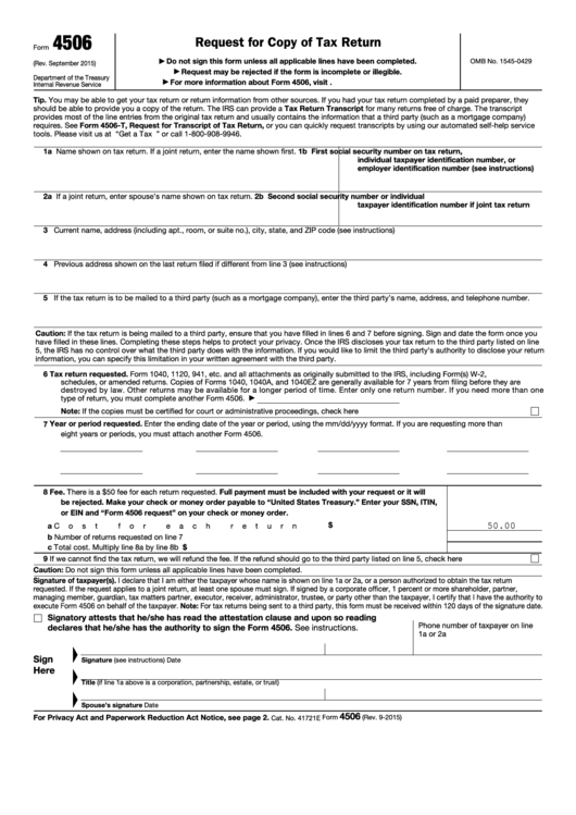 Form 4506 - Request For Copy Of Tax Return