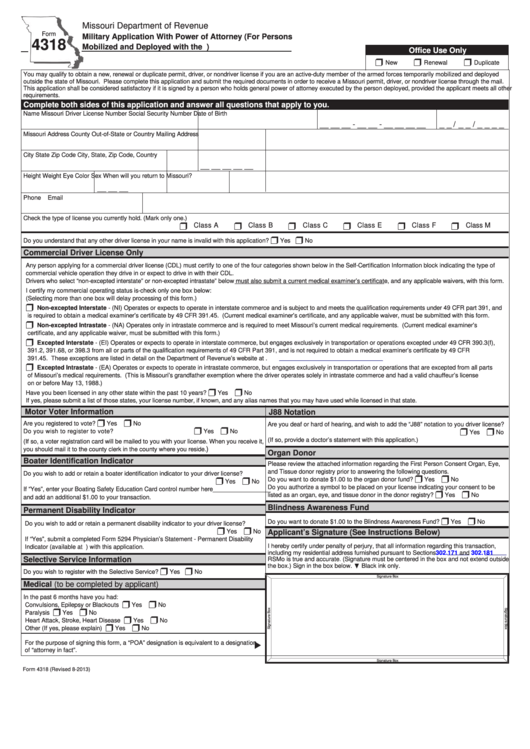 Fillable Form 4318 - Military Application With Power Of Attorney (For Persons Mobilized And Deployed With The Us Armed Forces) Printable pdf