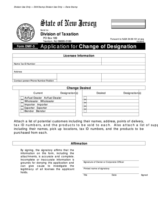 Fillable Form Dmf-5 - Application For Change Of Designation Printable pdf