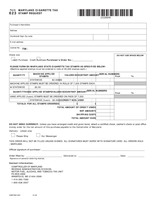 Fillable Form 623 - Maryland Cigarette Tax - Stamp Request Printable pdf