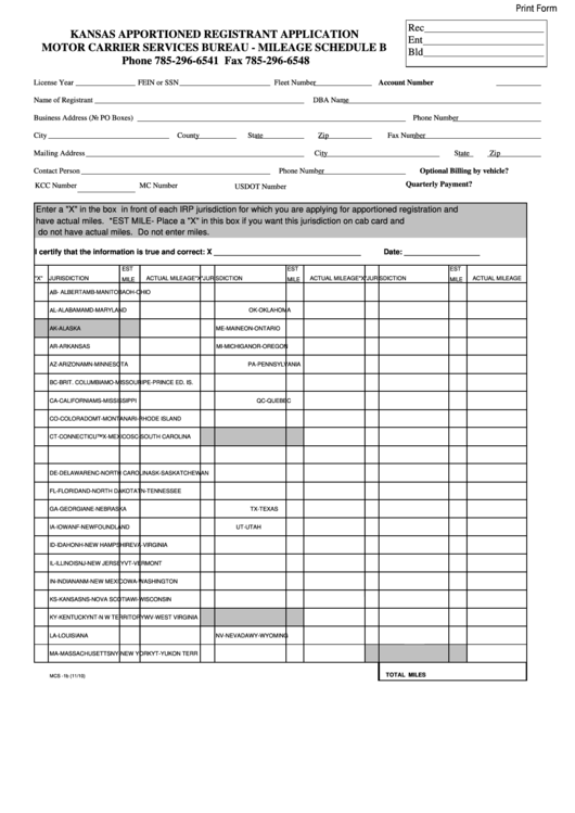 Fillable Form Mcs -1b - Kansas Apportioned Registrant Application Motor Carrier Services Bureau - Mileage Schedule B Printable pdf