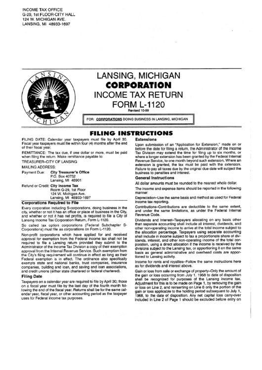 Form L-1120 Instructions - Corporation Income Tax Return - Lansing Printable pdf