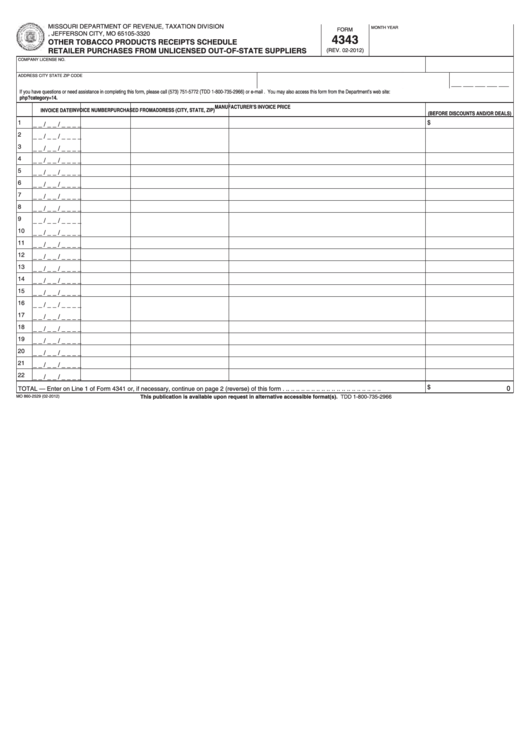 Fillable Form 4343 - Other Tobacco Products Receipts Schedule Retailer Purchases From Unlicensed Out-Of-State Suppliers Printable pdf