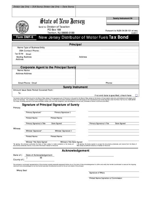 Fillable Form Dmf-6 - New Jersey Distributor Of Motor Fuels Tax Bond Printable pdf