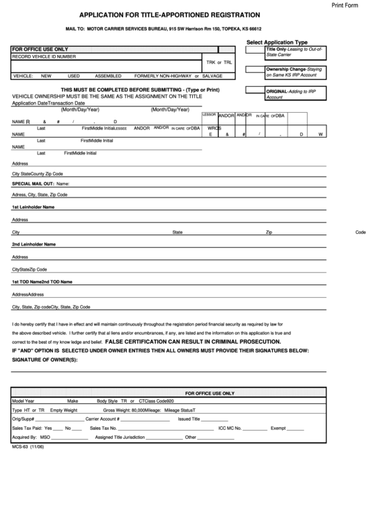 Fillable Form Mcs-63 - Application For Title - Apportioned Registration Printable pdf