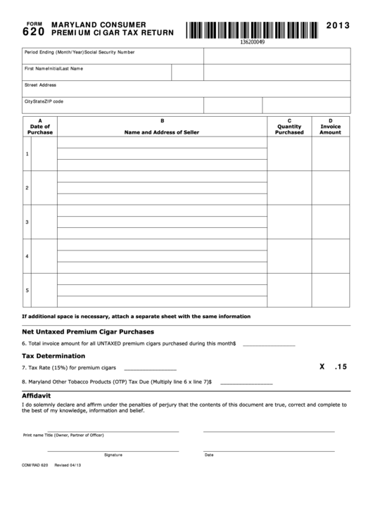Fillable Form 620 - Maryland Consumer Premium Cigar Tax Return - 2013 Printable pdf