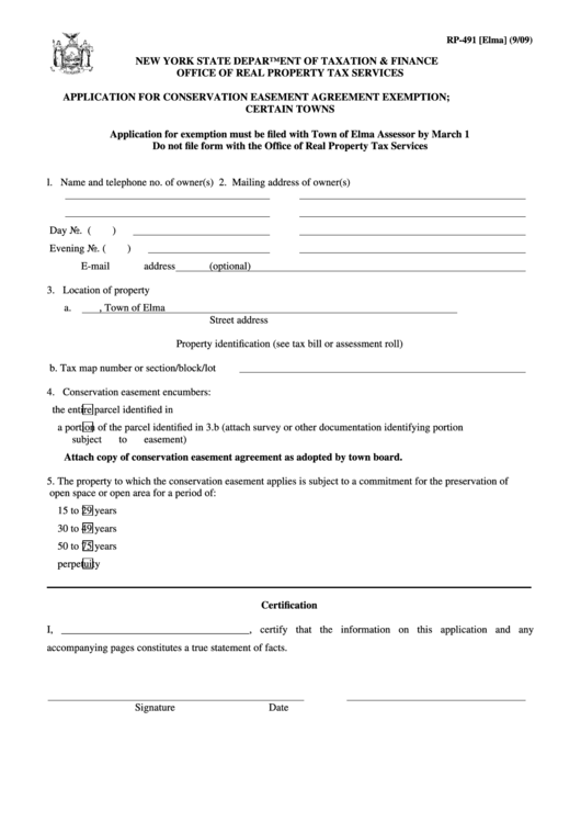 Fillable Form Rp-491 - Application For Conservation Easement Agreement Exemption - Certain Towns Printable pdf