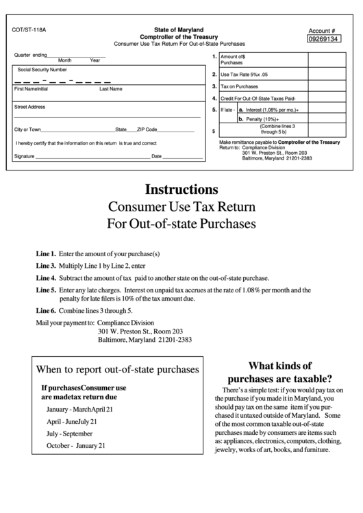 Form Cot/st-118a - Consumer Use Tax Return For Out-Of-State Purchases Printable pdf