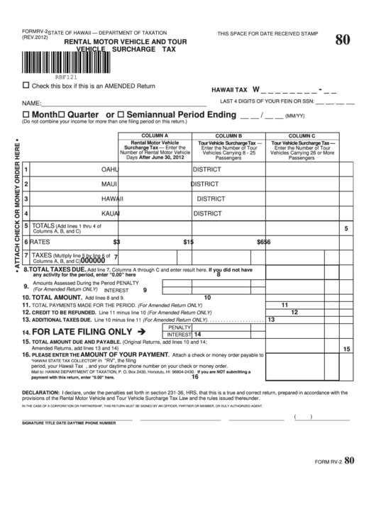 Fillable Form Rv-2 - Rental Motor Vehicle And Tour Vehicle Surcharge Tax Printable pdf