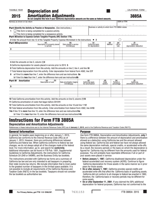 Fillable Form Ftb 3885a - California Depreciation And Amortization Adjustments - 2015 Printable pdf