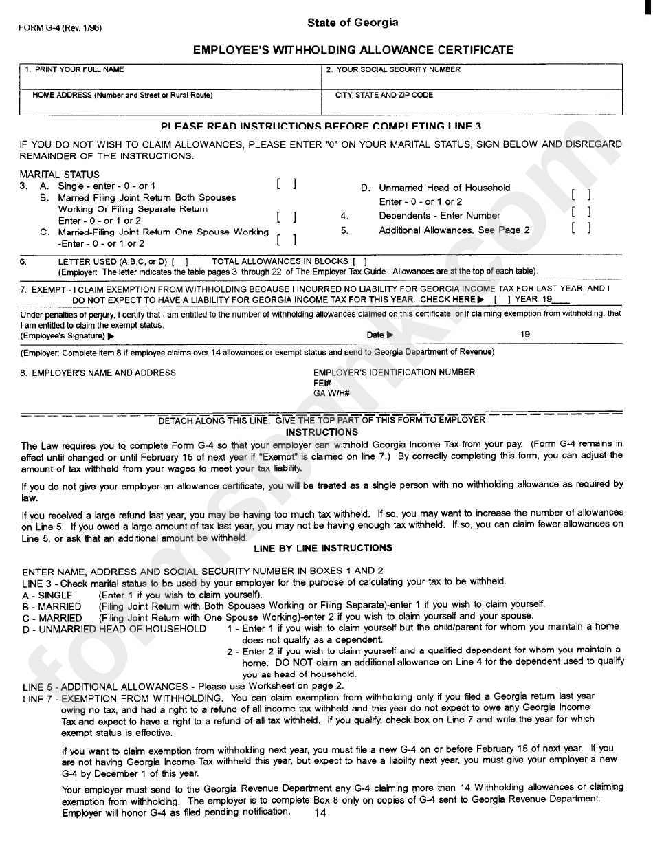 Form G4 Employee'S Withholding Allowance Certificate printable pdf