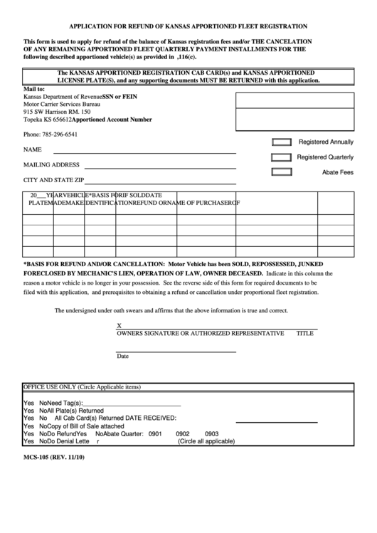 Form Mcs-105 - Application For Refund Of Kansas Apportioned Fleet Registration Printable pdf