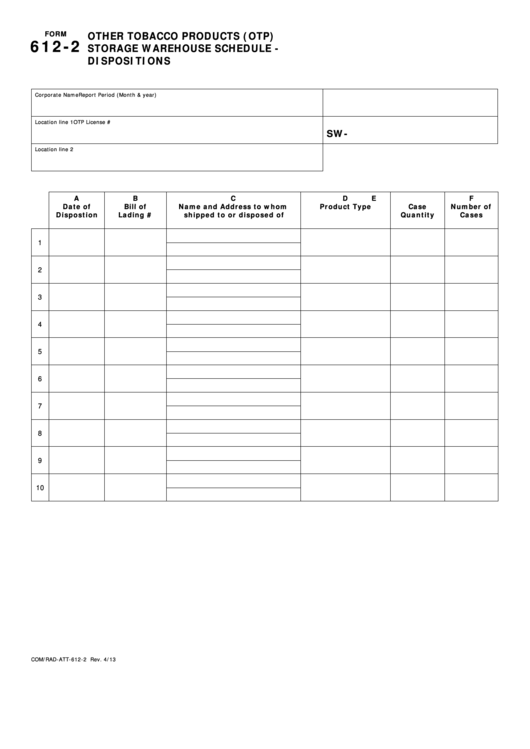 Fillable Form 612-2 - Other Tobacco Products (Otp) Storage Warehouse Schedule - Dispositions Printable pdf
