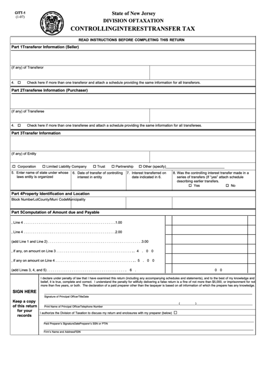 Fillable Form Citt-1 - Controlling Interest Transfer Tax Printable pdf
