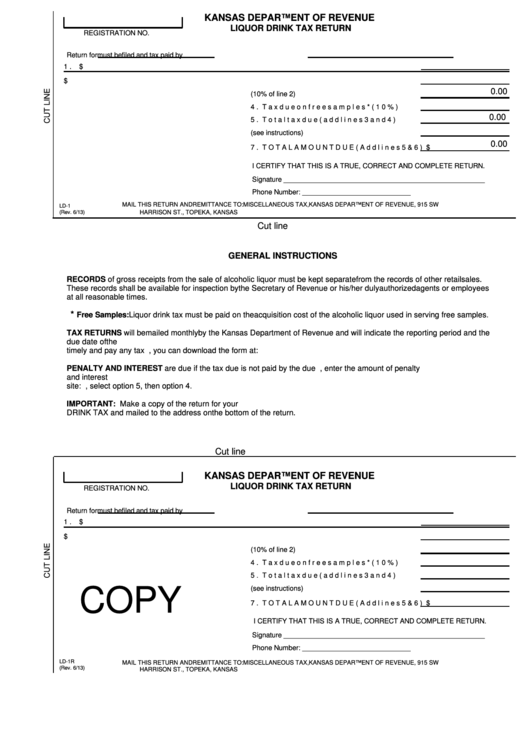 Fillable Form Ld-1 - Liquor Drink Tax Return Printable pdf