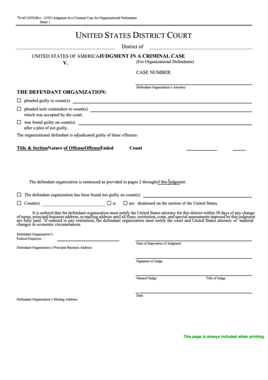 Fillable Form Ao 245e - Judgment In A Criminal Case For Organizational Defendants - United States District Court Printable pdf