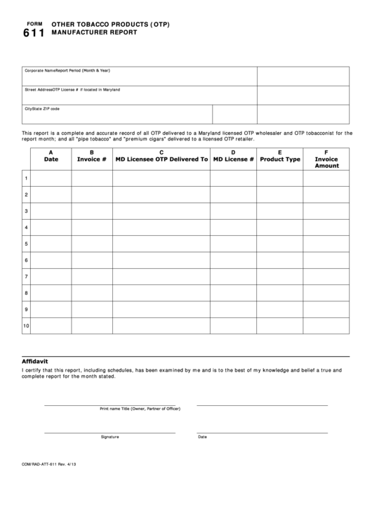 Fillable Form 611 - Other Tobacco Products (Otp) Manufacturer Report Printable pdf