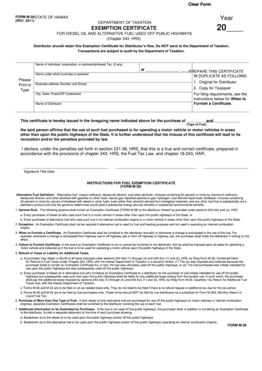 Fillable Form M-38 - Exemption Certificate For Diesel Oil And Alternative Fuel Used Off Public Highways Printable pdf
