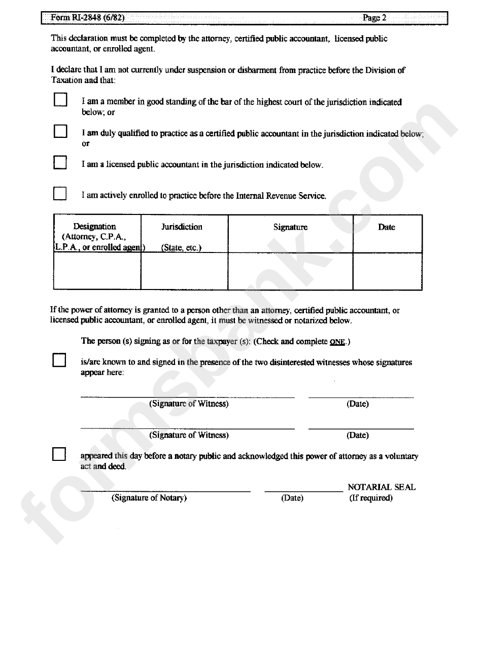Form Ri-2848 - Rhode Island Power Of Attorney