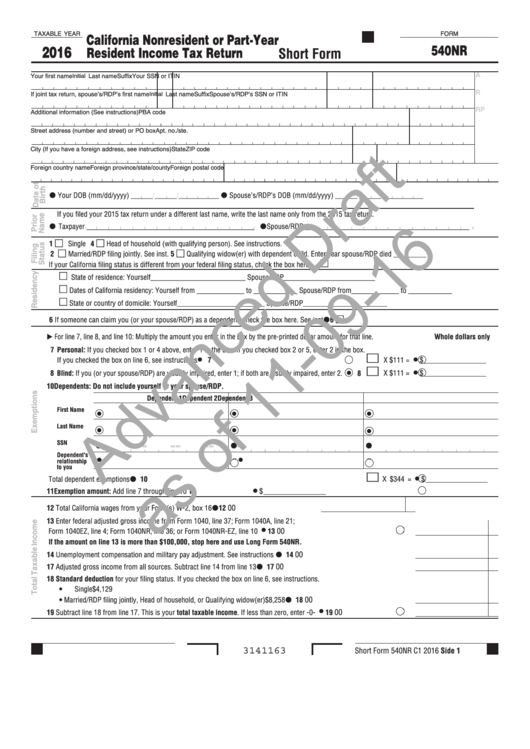 Form 540nr Draft - California Nonresident Or Part-Year Resident Income Tax Return - 2016 Printable pdf