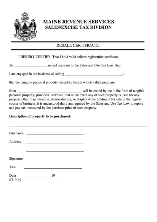 Form St-P-69 - Resale Certificate Maine Revenue Services Sales/excise Tax Division Printable pdf