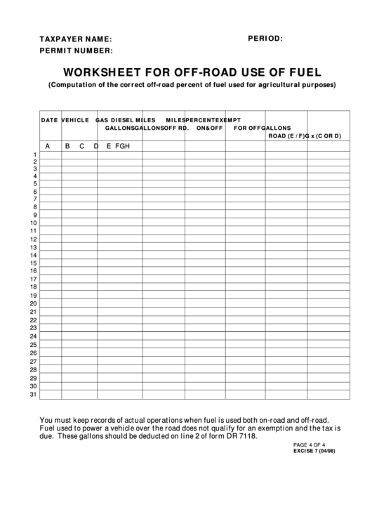 Form Excise 7 - Worksheet For Off-Road Use Of Fuel Printable pdf