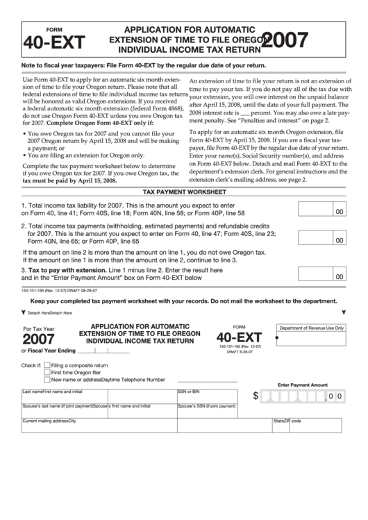 Form 40-Ext - Application For Automatic Extension Of Time To File Oregon Individual Income Tax Return - 2007 Printable pdf