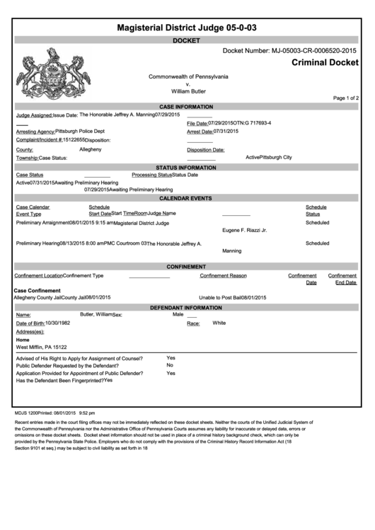 Form Mdjs 1200 - Criminal Docket - 2015 Printable pdf