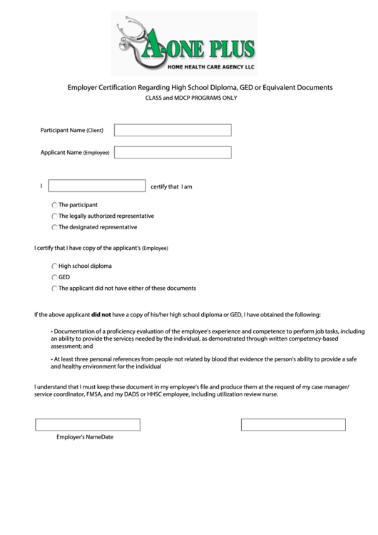 Fillable Employer Certification Regarding High School Diploma, Ged Or Equivalent Documents Printable pdf