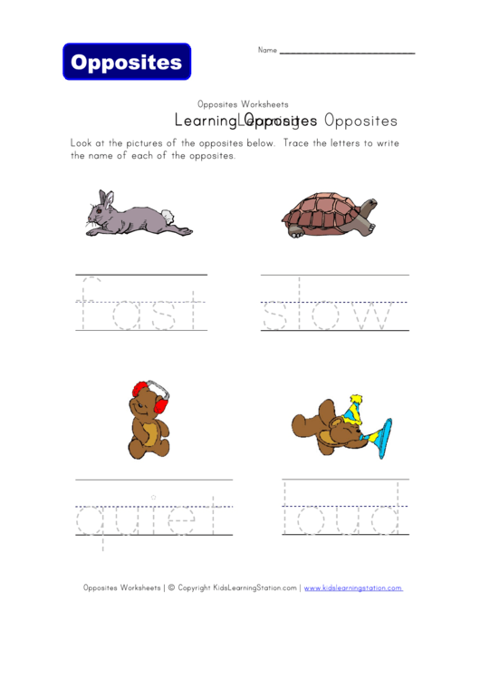 Learn Opposites Worksheet - Fast, Slow And Quiet, Loud Printable pdf