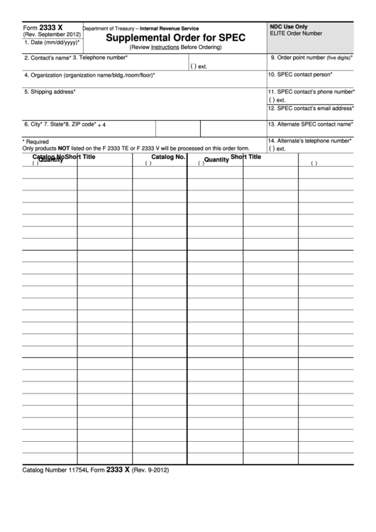 Fillable Form 2333 X - Supplemental Order For Spec Printable pdf