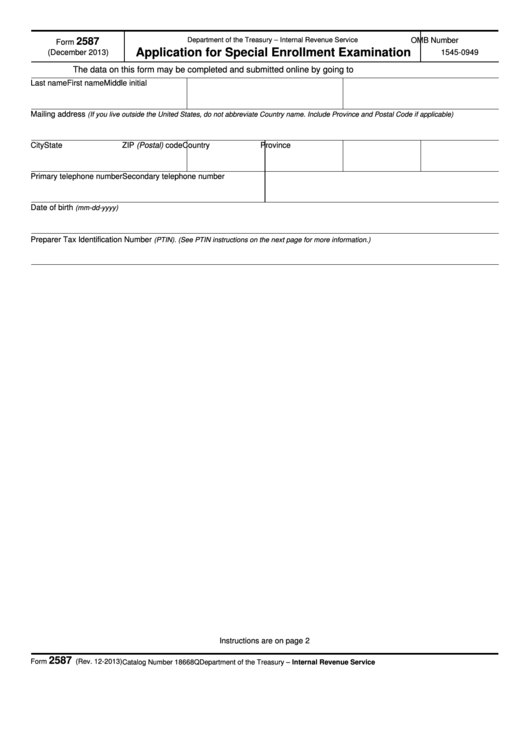 Fillable Form 2587 - Application For Special Enrollment Examination Printable pdf