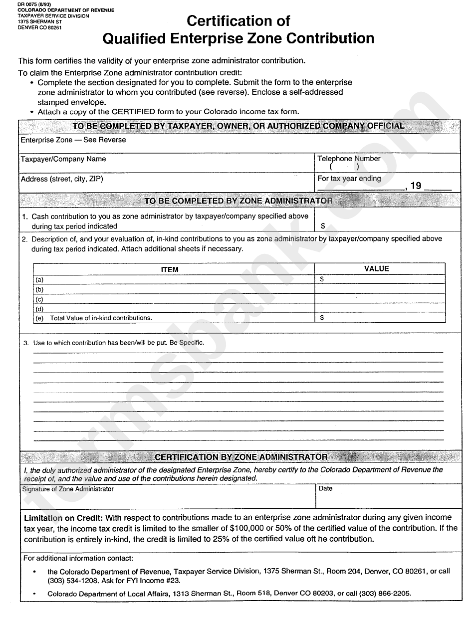 Form Dr 0075 - Certification Of Qualified Enterprise Zone Contribution