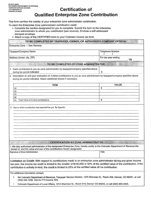 Fillable Form Dr 0075 - Certification Of Qualified Enterprise Zone Contribution Printable pdf
