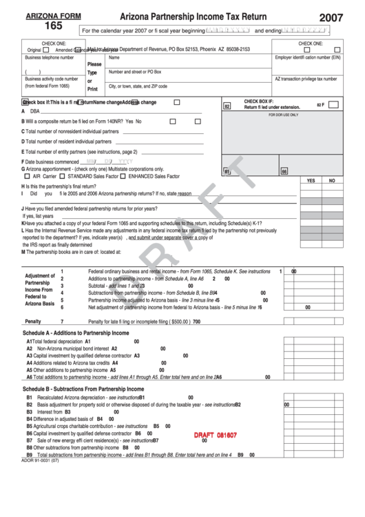 Form 165 Draft - Arizona Partnership Income Tax Return - 2007 Printable pdf