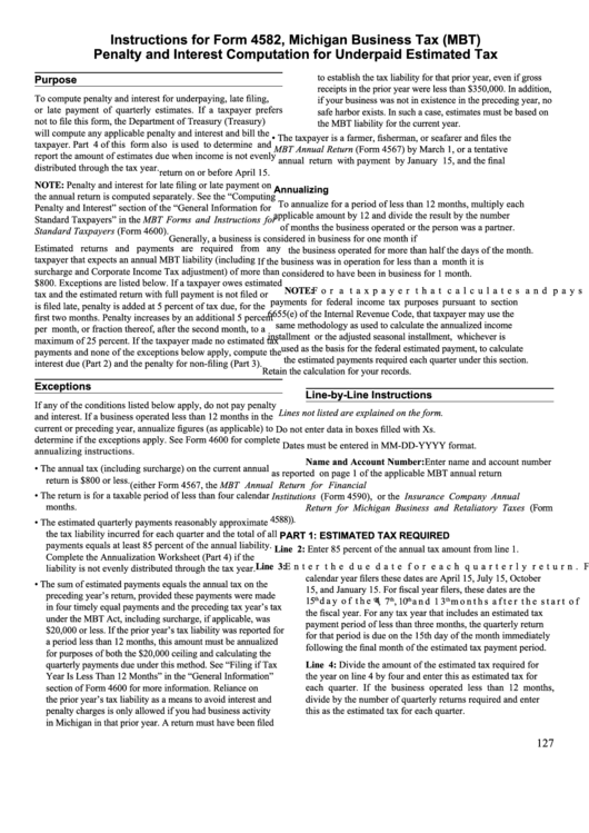 Instructions For Form 4582, Michigan Business Tax (Mbt) Penalty And Interest Computation For Underpaid Estimated Tax Printable pdf