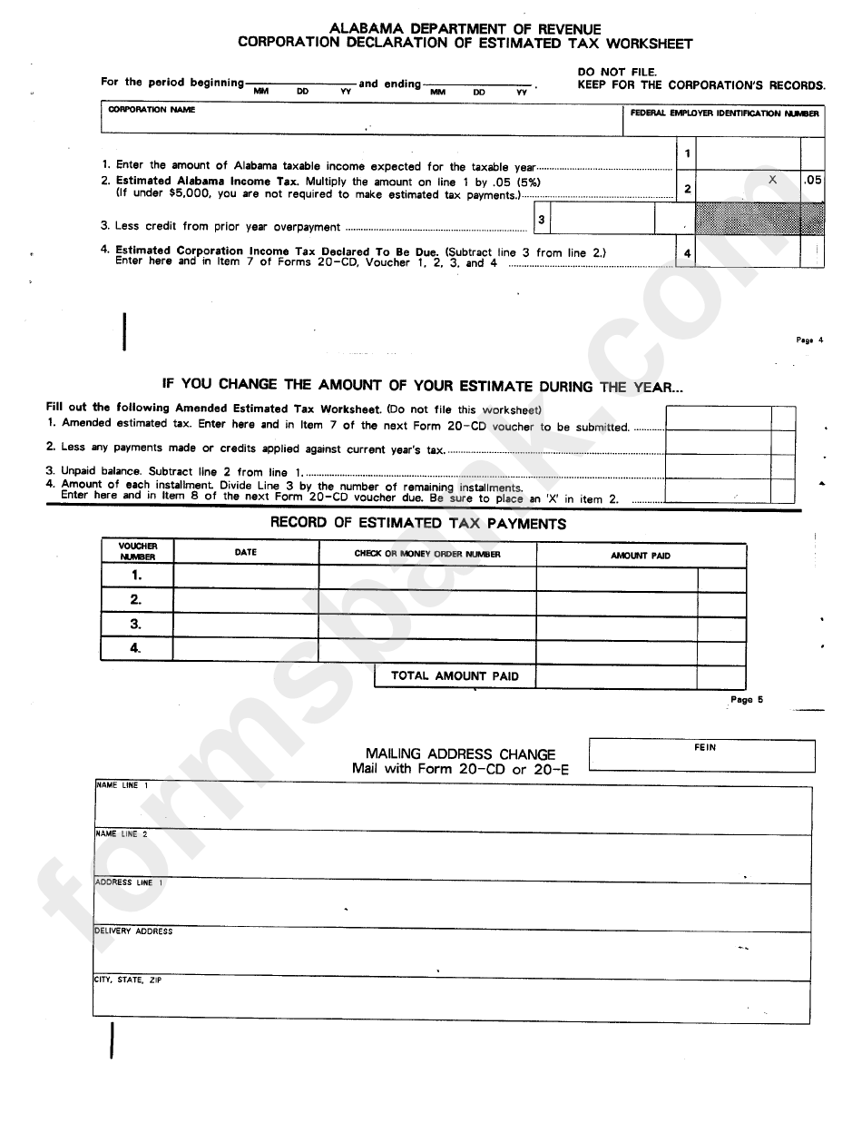 Corporation Declaration Of Estimated Tax Worksheet