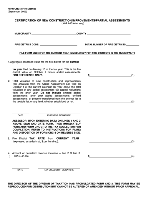 Fillable Form Cnc-3 Fire District - Certification Of New Construction/improvements/partial Assessments Printable pdf