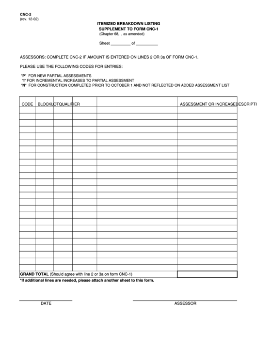 Fillable Form Cnc-2 - Itemized Breakdown Listing Supplement To Form Cnc-1 Printable pdf