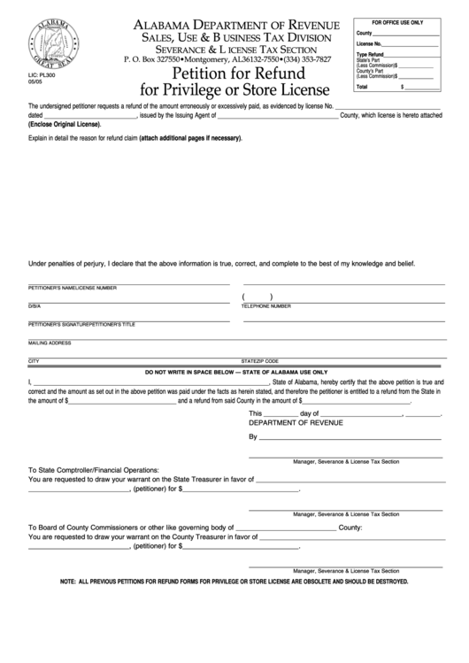 Form Lic: Pl300 - Petition For Refund For Privilege Or Store License Printable pdf