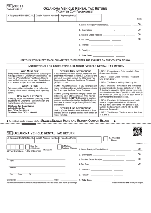 Fillable Form Stl20011 - Oklahoma Vehicle Rental Tax Return Printable pdf
