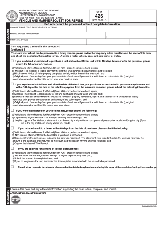 Fillable Form 426 - Vehicle And Marine Request For Refund Printable pdf