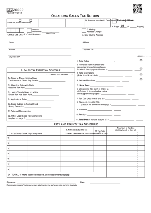 Fillable Form Sts20002 - Oklahoma Sales Tax Return Printable pdf