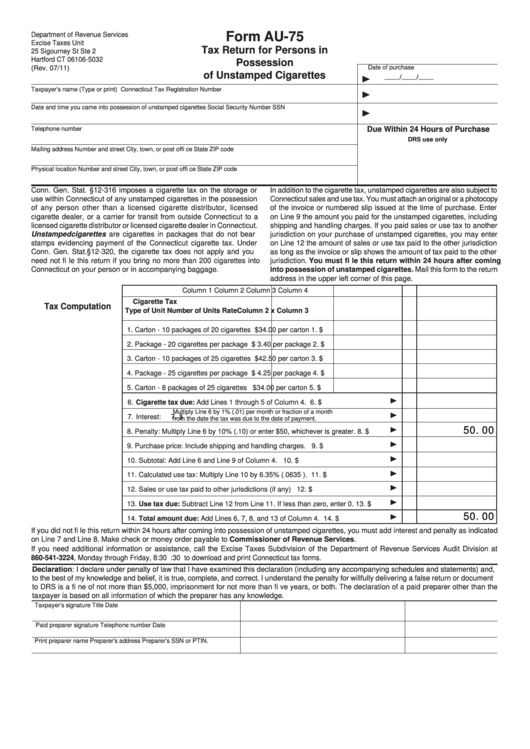 Fillable Form Au-75 - Tax Return For Persons In Possession Of Unstamped Cigarettes Printable pdf