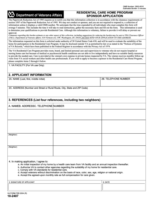 Fillable Form 10-2407 - Residential Care Home Program Sponsor Application - Department Of Veterans Affairs Printable pdf